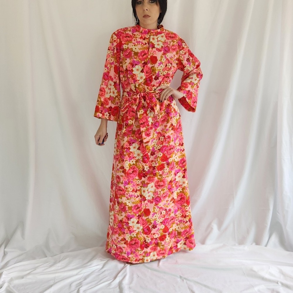 60s/70s Pink Flower Power Maxi Dress